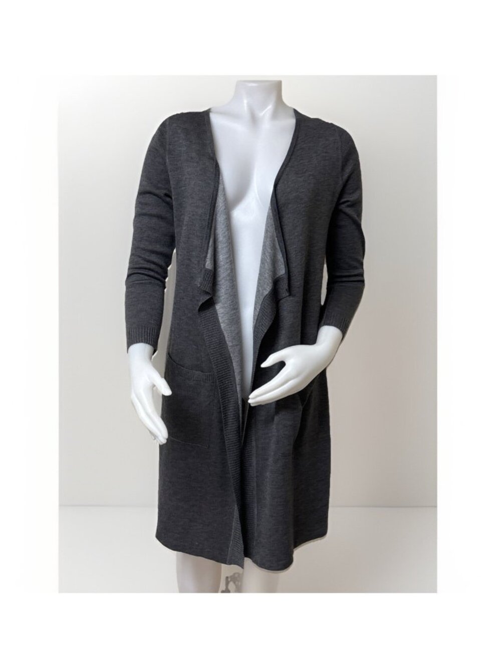Garnet Hill Open Front Long Cardigan Womens XS Soft Gray Merino Wool Blend Verso